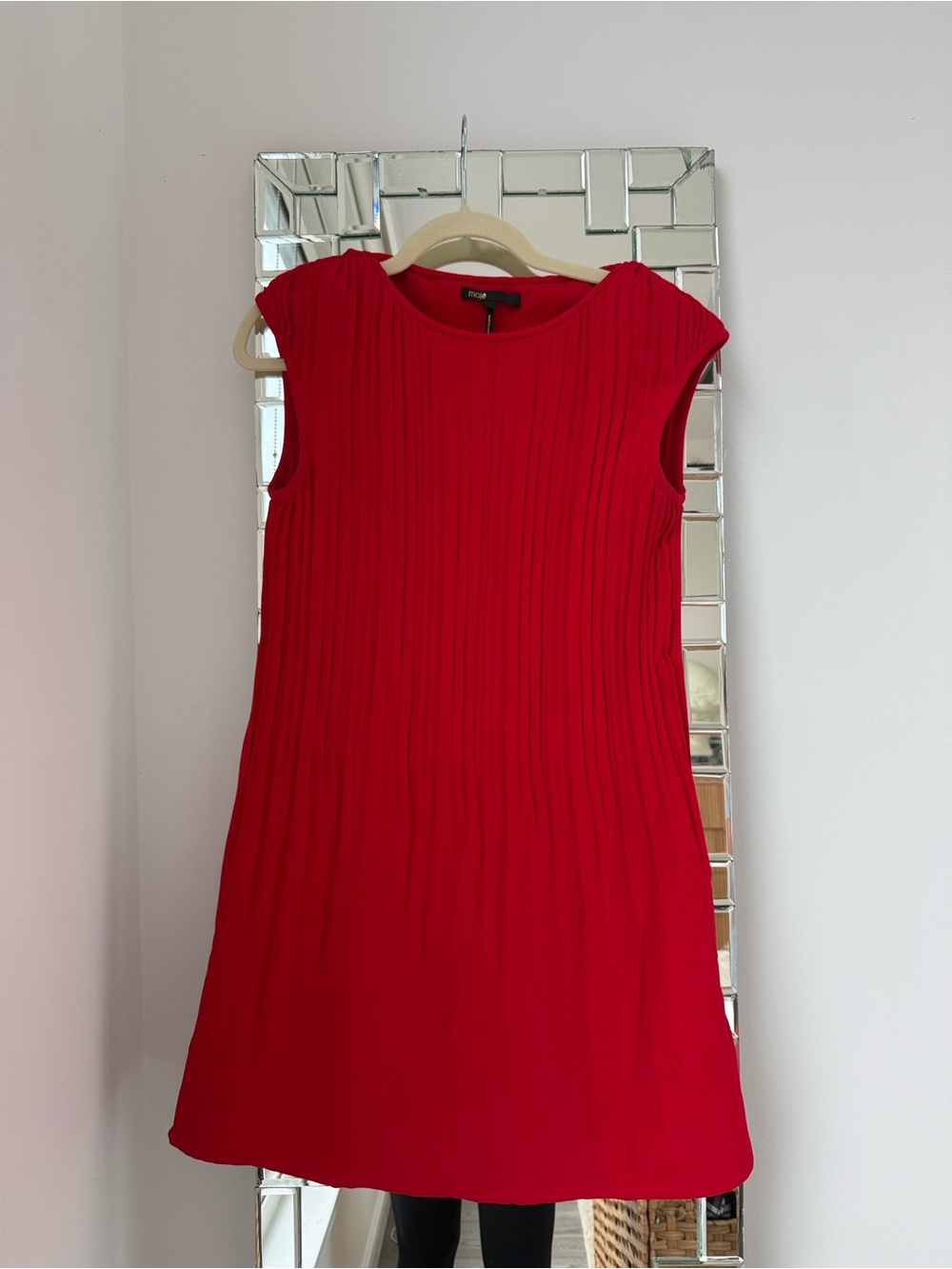 Maje Red Pleated Sleeveless A-Line Dress